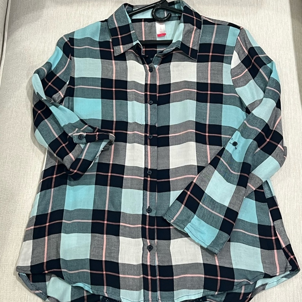Women’s Navy blue and Light blue Flannel button down shirt.
